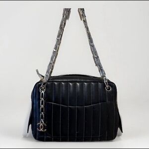 Chanel Black Lambskin Leather Silver Hardware Vertical Quilt Shoulder Bag